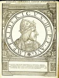 Fridericus III, Illustration aus Imperatorum romanorum omnium orientalium et occidentalium verissimae imagines ex antiquis numismatis, Holzschnitt von Rudolph Wyssenbach, gedruckt von Andreas Gesner, Zürich